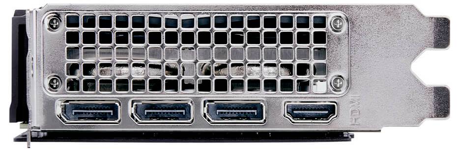Quattro porte HDMI sul retro di una scheda grafica, con una griglia di ventilazione in alto per il raffreddamento.