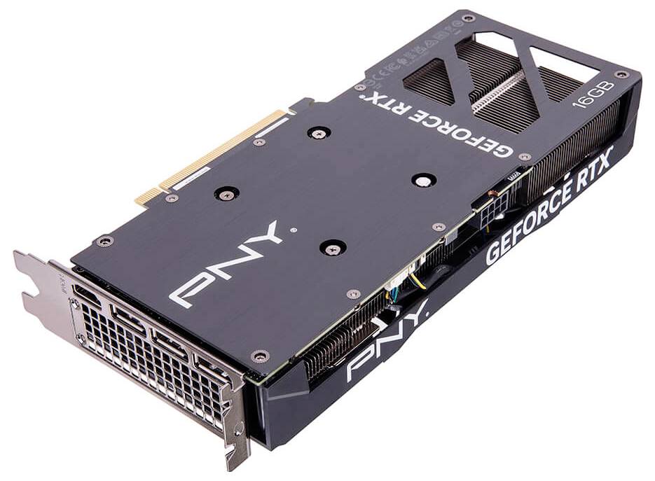 Scheda grafica con la scritta 'PNY GeForce RTX 16GB'. Visibili sono le porte di connessione e le fessure di ventilazione.
