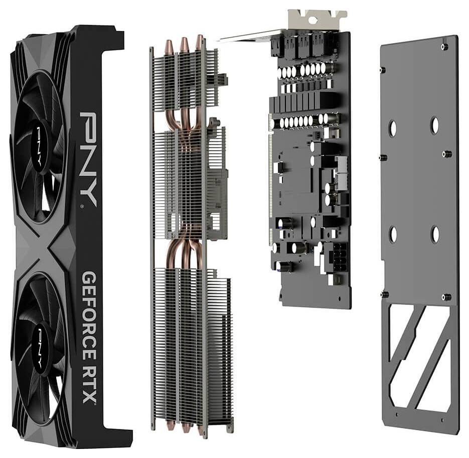 Vista esplosa di una scheda grafica PNY GeForce RTX che mostra ventole, dissipatore di calore, circuiti e coperchio.