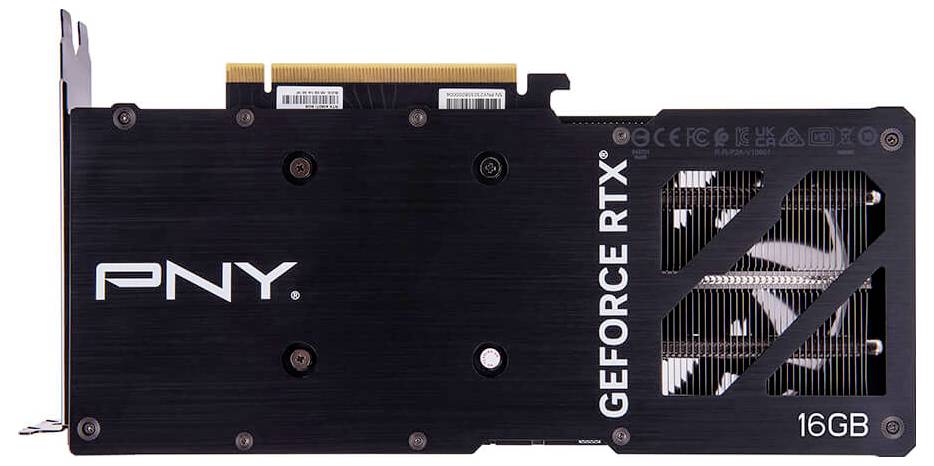 'Scheda grafica PNY GeForce RTX, 16GB, vista posteriore. Ventole e porte visibili. Adatta per gaming ad alte prestazioni e elaborazione grafica.'