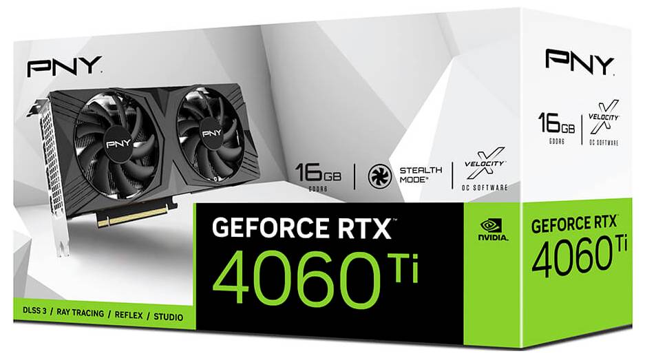 Scheda grafica PNY GeForce RTX 4060 Ti nella confezione. Iscrizione: '16 GB', 'VelocityX', 'Modalità Stealth'. Potenza grafica 3D e gaming.
