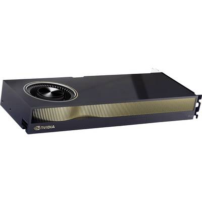 Una scheda grafica Nvidia con involucro nero e accento dorato. Ventole visibili, logo Nvidia sul lato e connettori posteriormente.