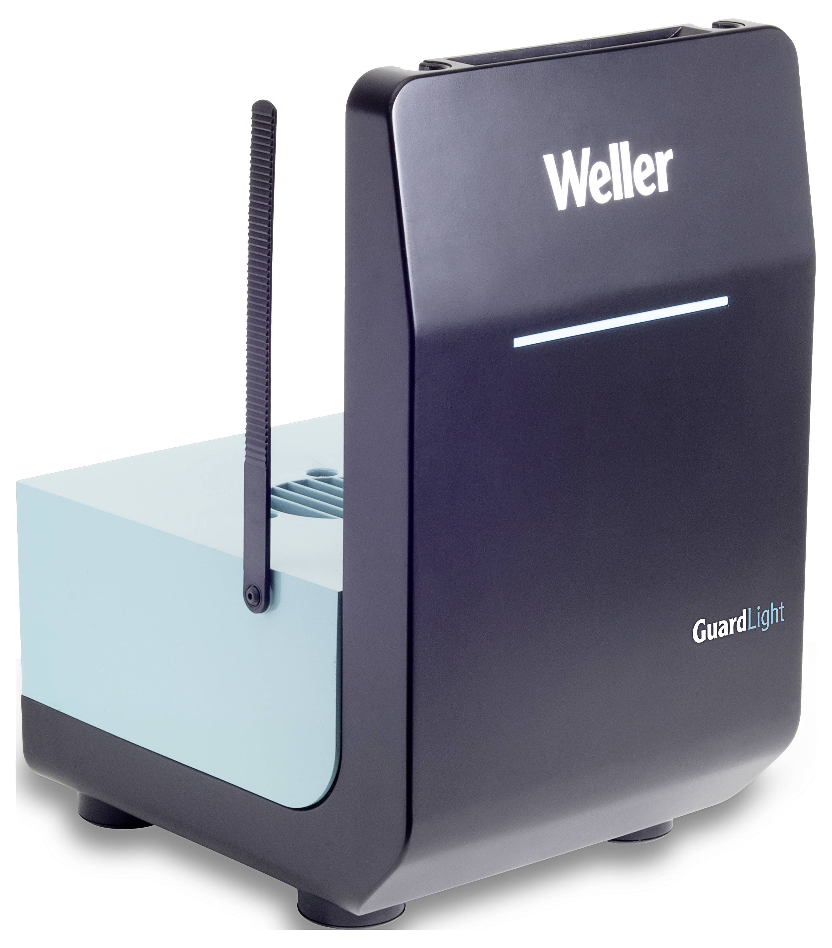 Stazione di saldatura Weller, modello 'GuardLight', con custodia nera e dettagli blu, per riparazioni elettroniche in sicurezza.