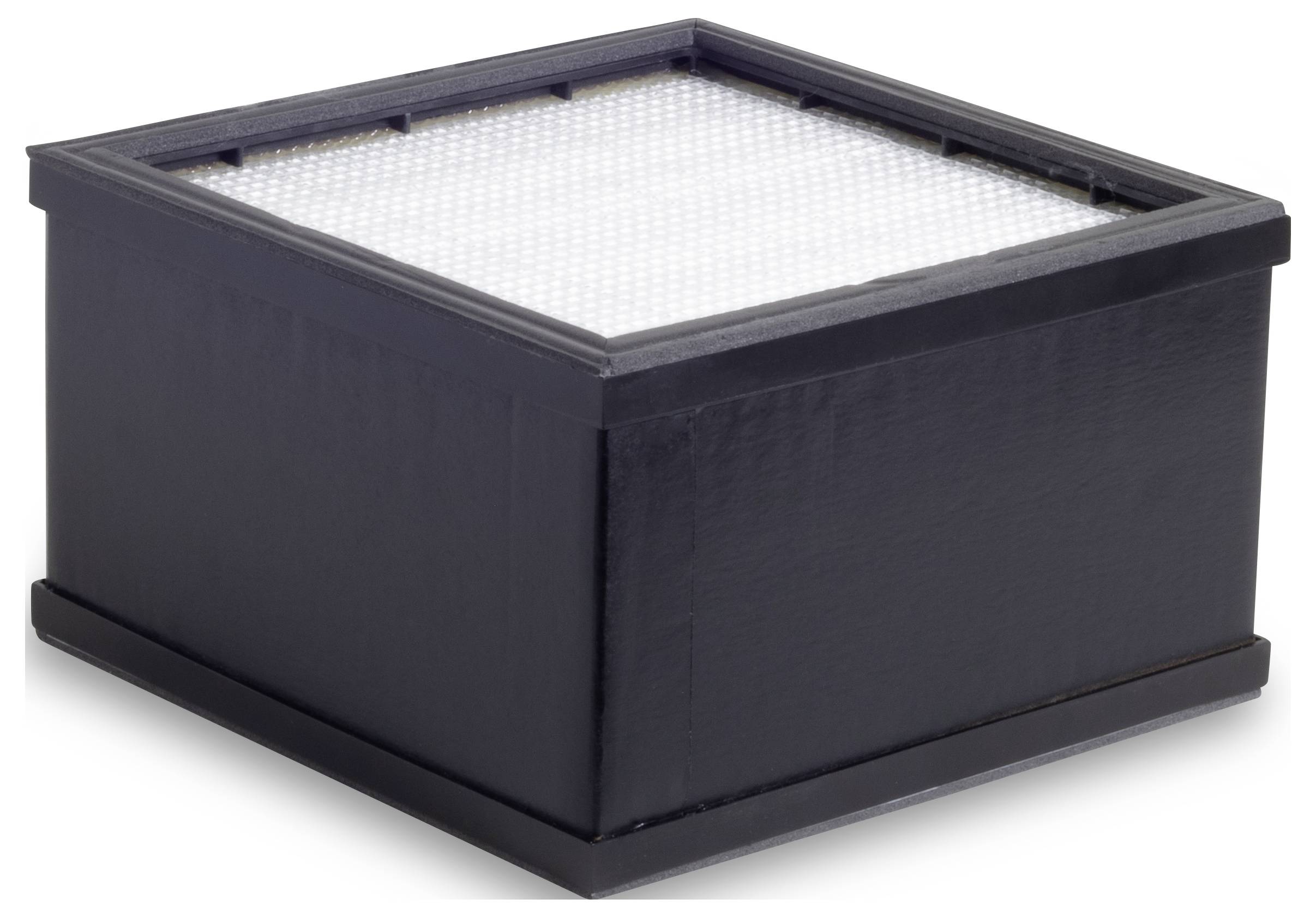 Contenitore nero rettangolare con parte superiore aperta, sulla quale è visibile un materiale bianco a reticolo.