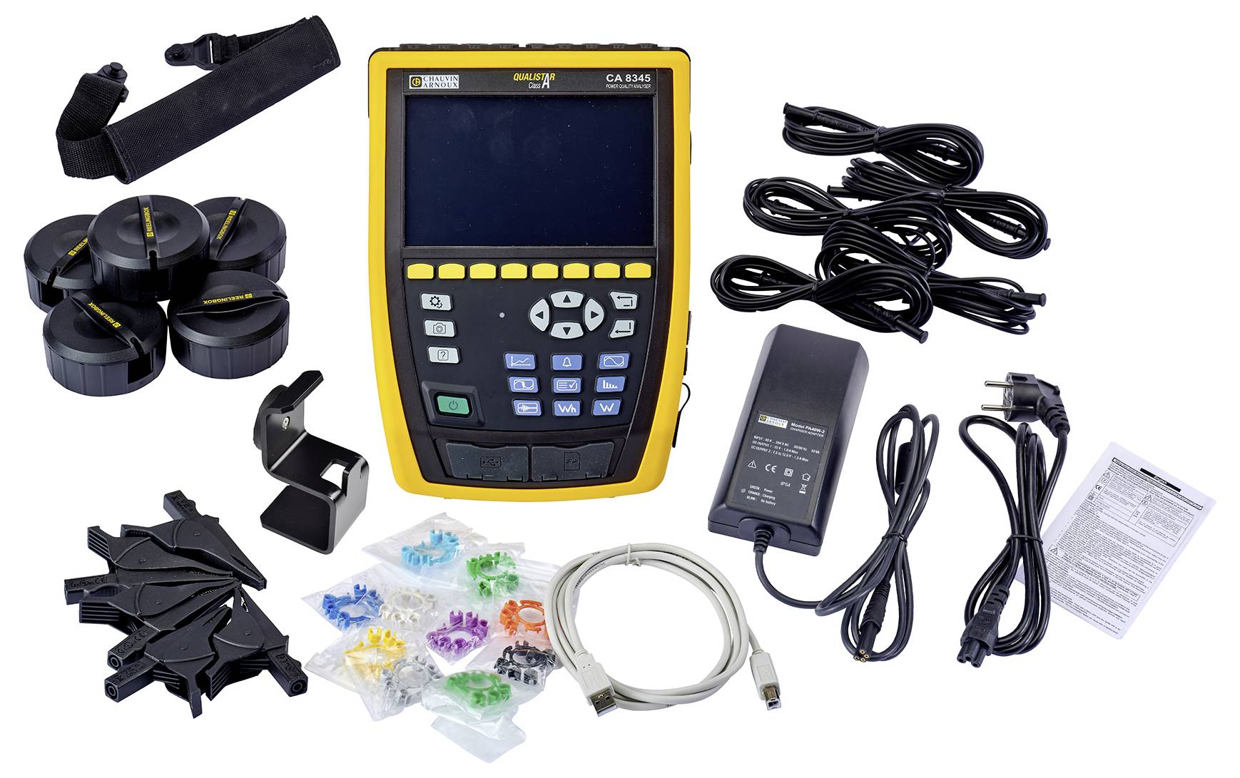 Strumento di misurazione digitale con accessori: tre sensori neri, cavi diversi, alimentatore, manuale, pezzi adattatori colorati e componenti di fissaggio.