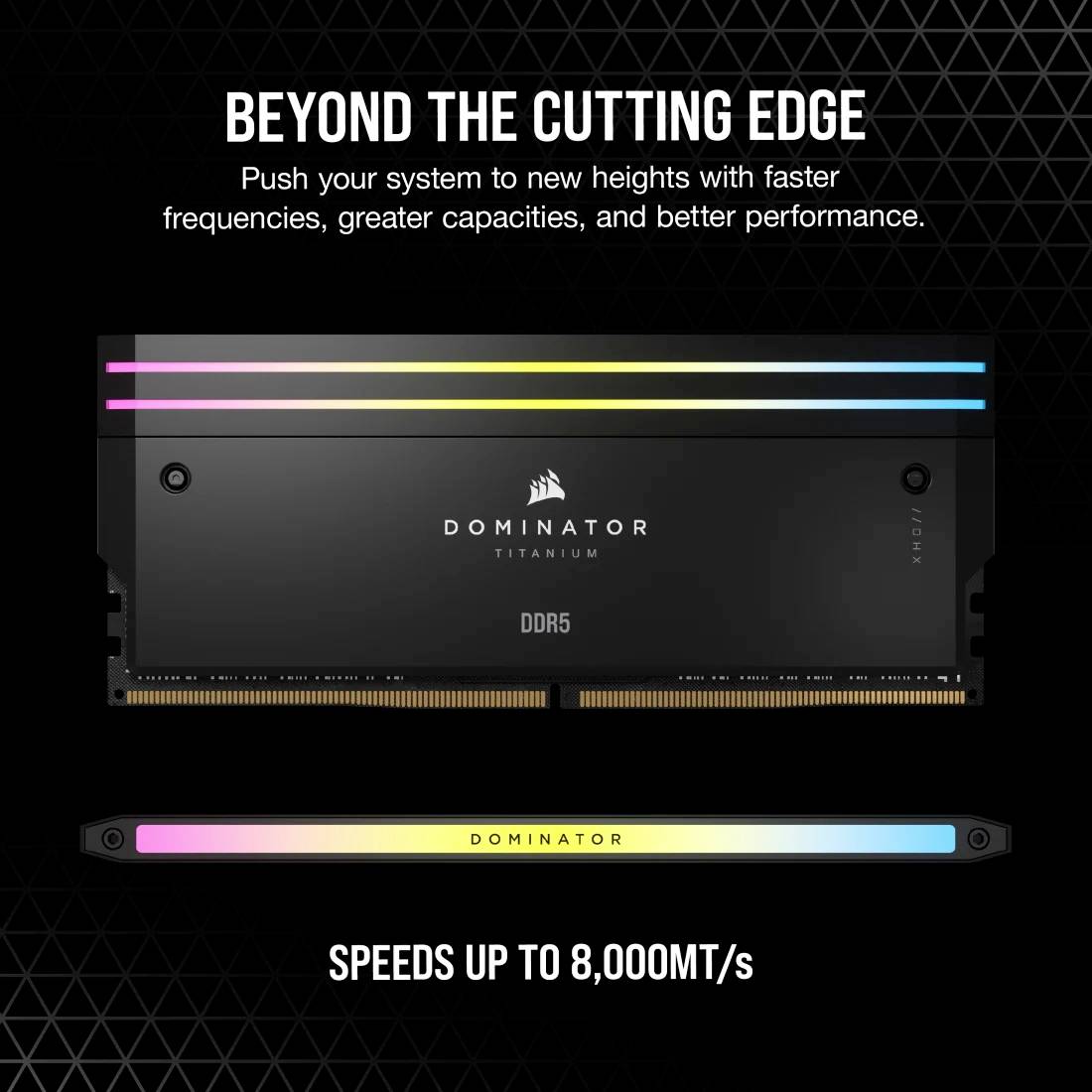 Modulo RAM 'Dominator DDR5' con illuminazione RGB; Testo: 'Oltre il limite estremo' e 'Velocità fino a 8.000 MT/s', che sottolinea l'alta velocità.