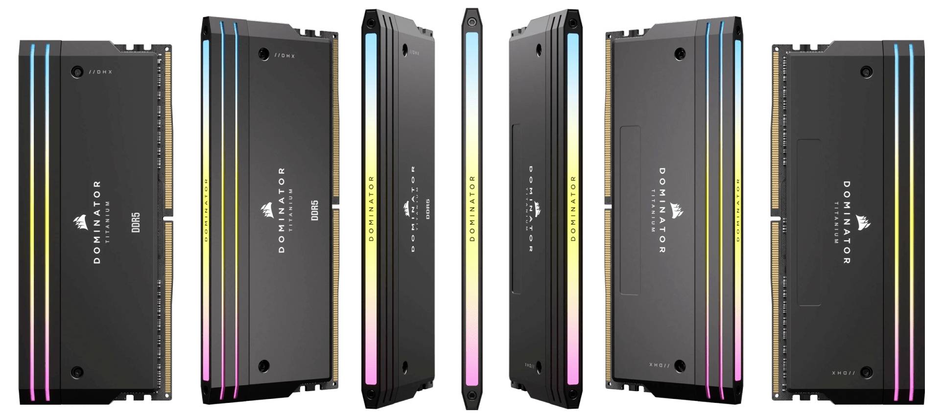 Un set di sei moduli RAM neri con illuminazione RGB, disposti verticalmente. Il testo del marchio "Dominator" è visibile.