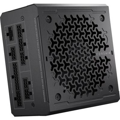 Alimentatore nero per computer con griglia di ventilazione e diversi attacchi per cavi sul lato. Marca 'Corsair'.