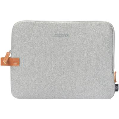 Custodia per laptop grigia con zip e dettagli arancioni, design essenziale con logo discreto al centro.