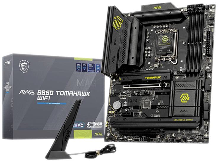 Scheda madre MSI MAG B660 TOMAHAWK WIFI con confezione e antenna. Supporta processori Intel, dotata di funzionalità WiFi.