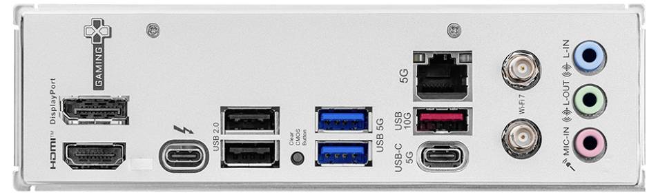 Retro di una scheda madre del computer con diverse porte: HDMI, DisplayPort, USB 2.0, USB 3.0, RJ-45, porte audio.