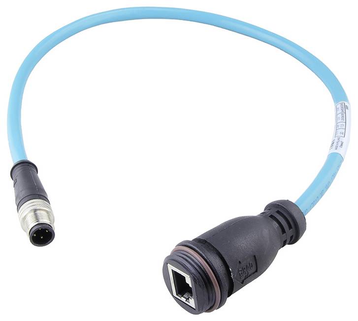 Un cavo di rete blu con un connettore M12 su un lato e un involucro nero per un connettore RJ45 sull'altro lato.