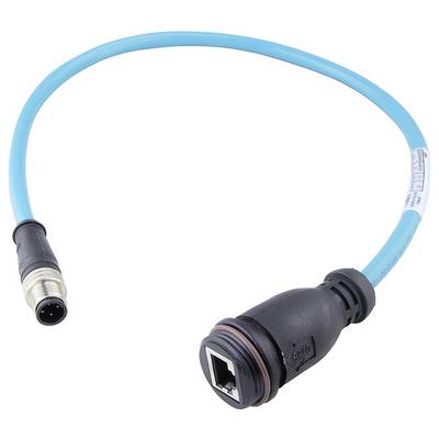 Un cavo di rete blu con un connettore M12 su un lato e un involucro nero per un connettore RJ45 sull'altro lato.