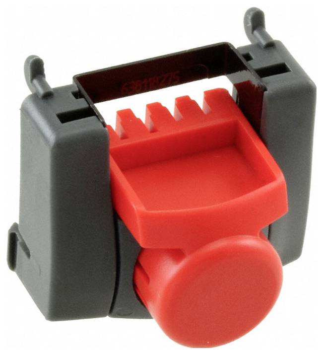 Un pulsante rosso di arresto di emergenza alloggiato in un involucro di plastica nera.