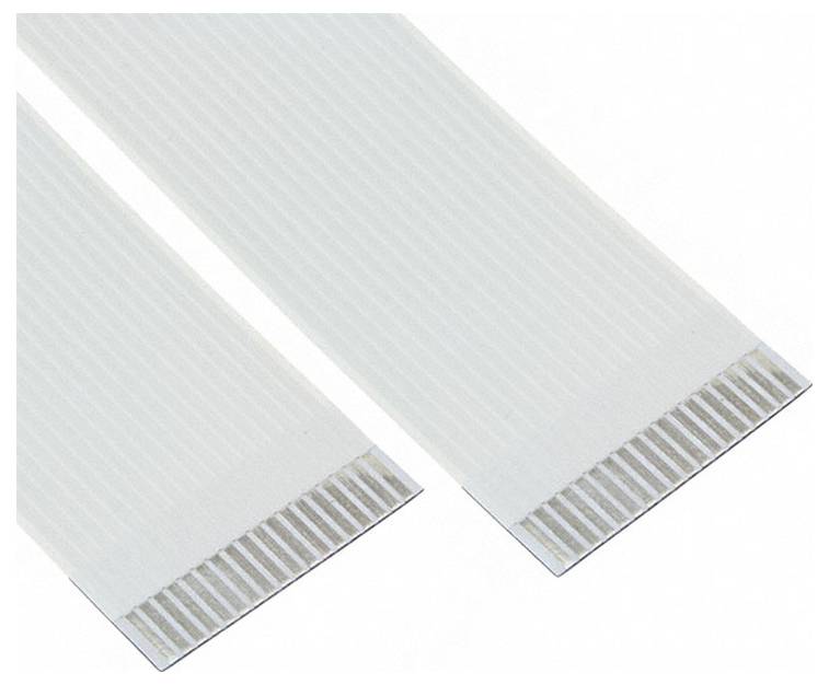 Un primo piano di un cavo piatto flessibile (FFC) che mostra le sue molteplici tracce metalliche conduttive.
