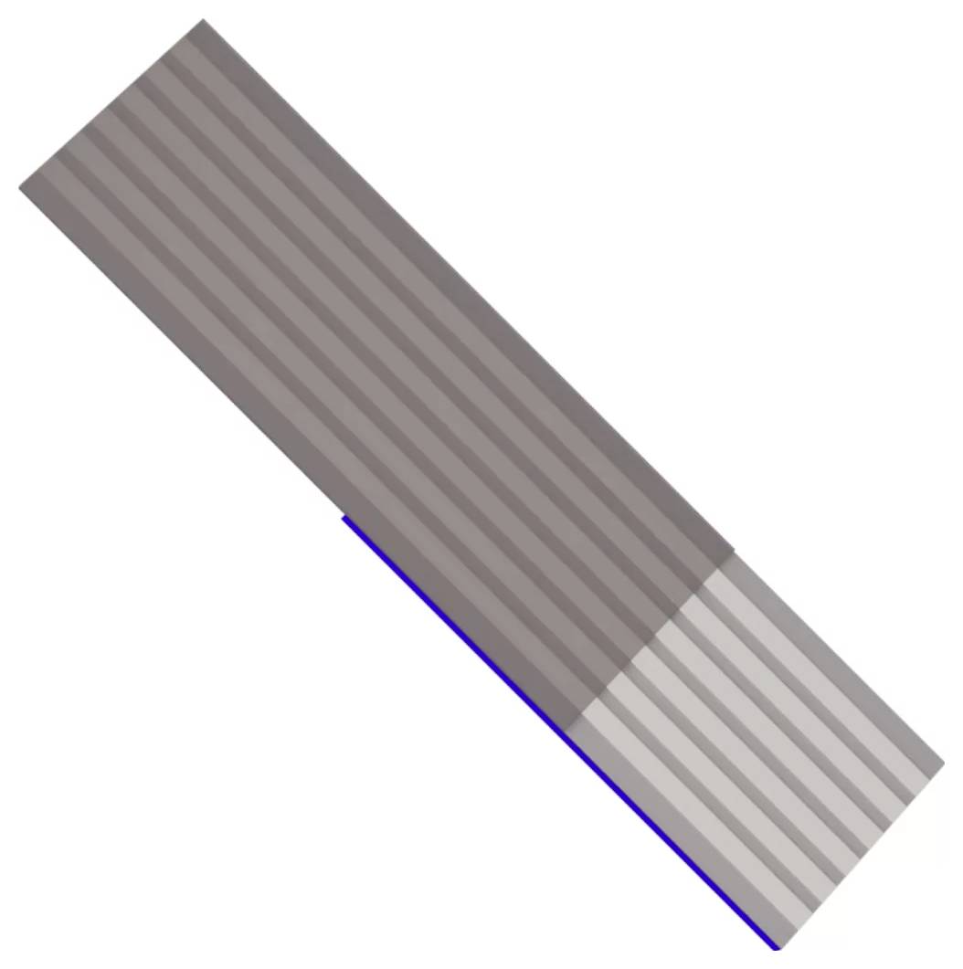 Cilindro o asta grigia con strisce diagonali su uno sfondo bianco, con una sezione superiore più scura e una sezione inferiore più chiara evidenziate da un bordo blu.