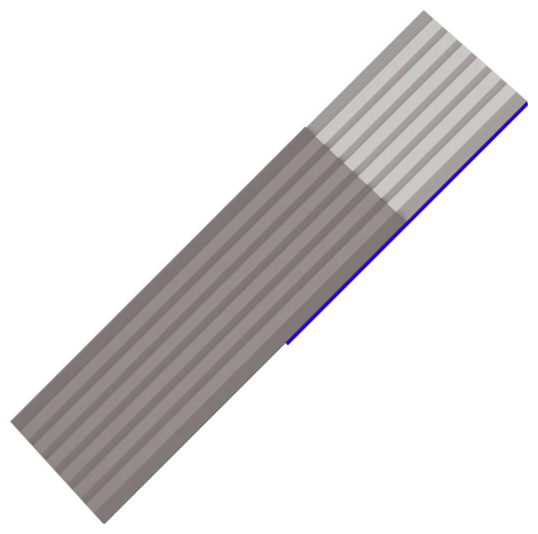 Oggetto rettangolare a righe diagonali con sezioni bicolori, grigio nella parte superiore e marrone nella parte inferiore, contornato in blu.