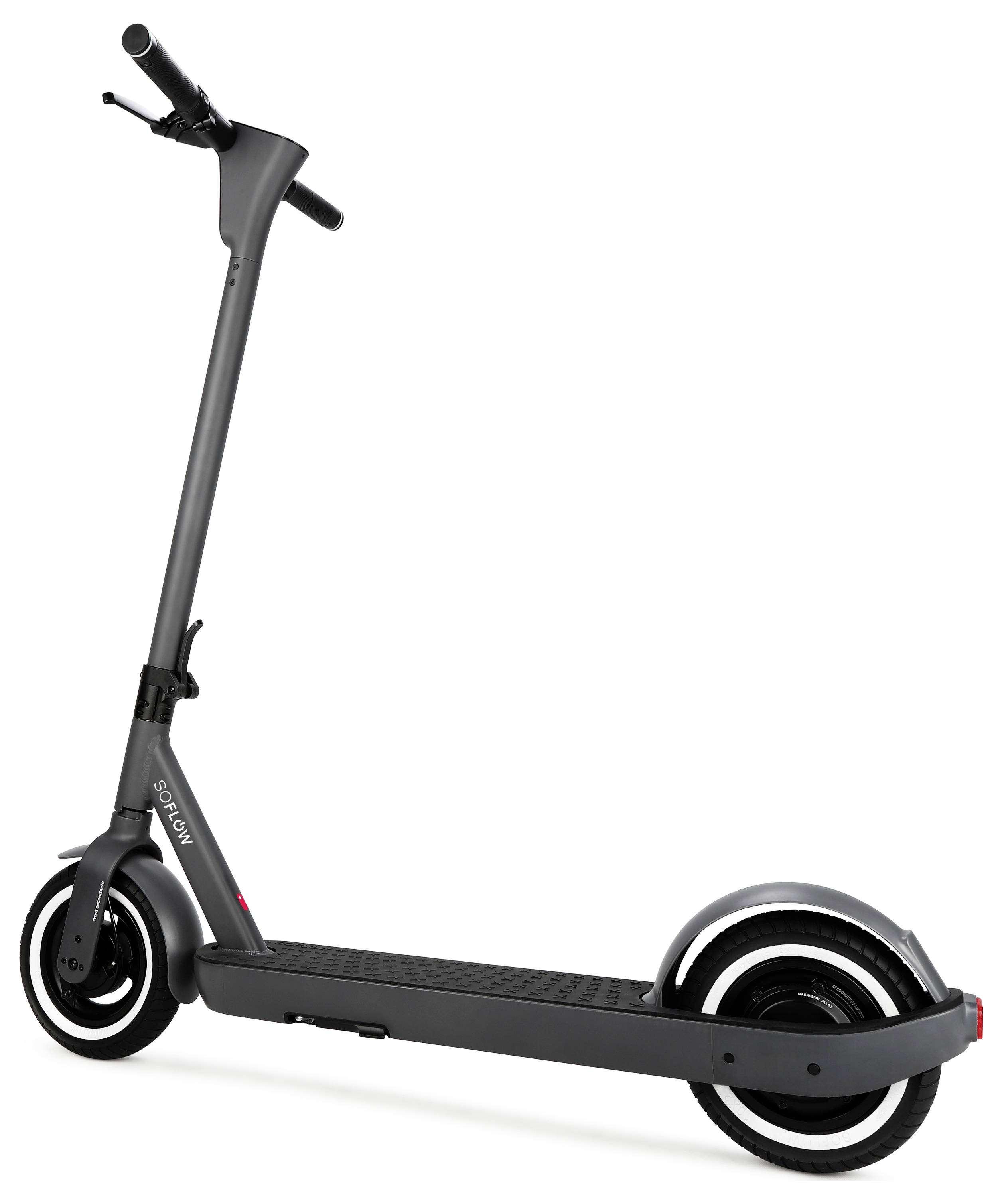 Un monopattino elettrico nero dal design affusolato, con manubrio e due ruote. Adatto al traffico urbano.