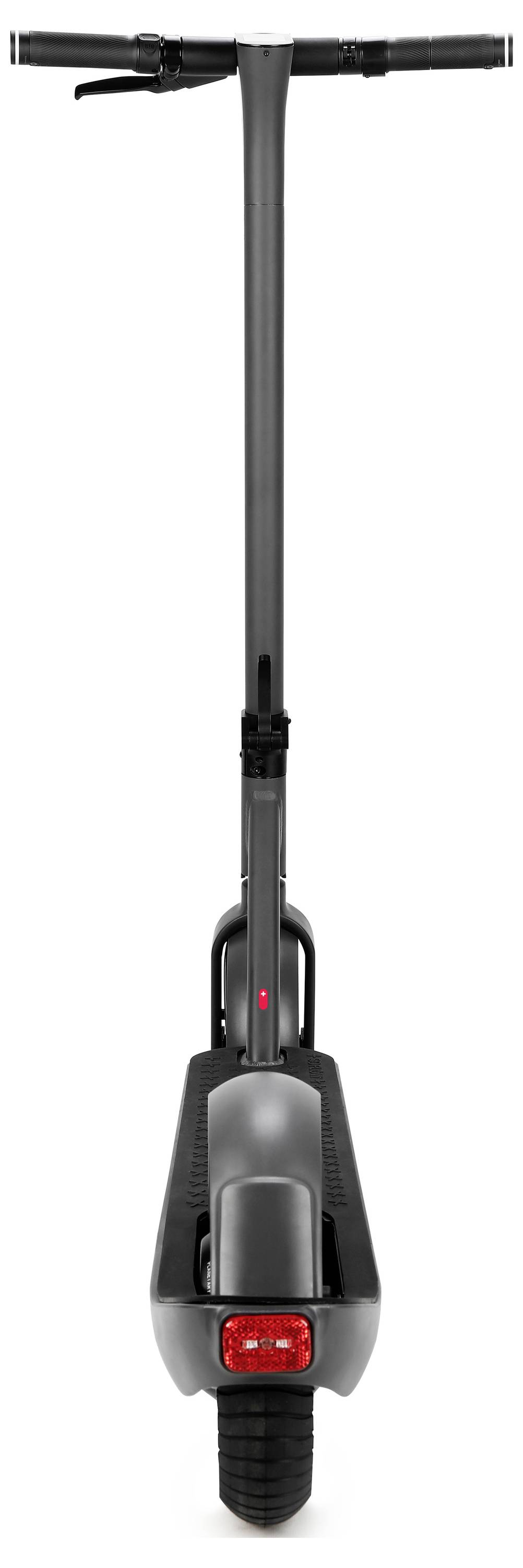 Scooter elettrico nero, vista posteriore con luce di stop rossa, manubrio visibile in alto.