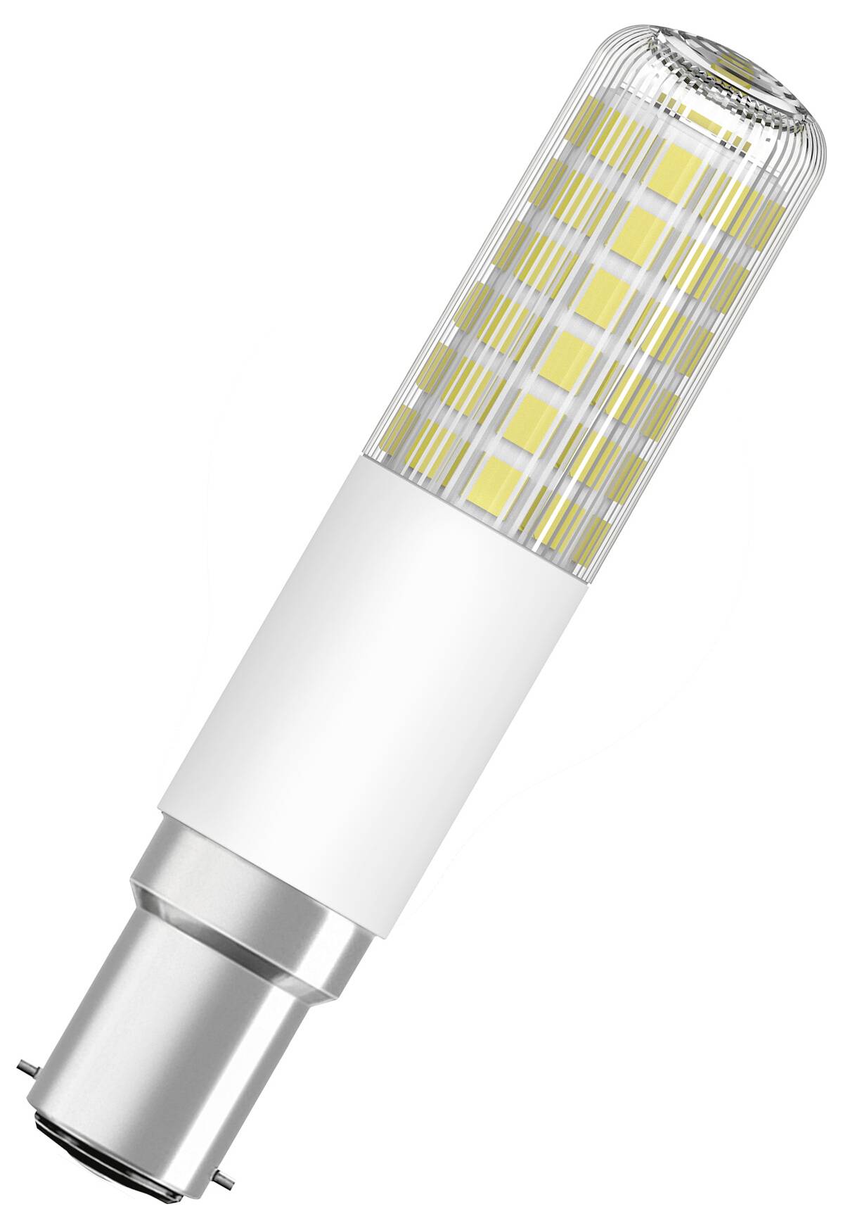 Lampada LED a zoccolo con involucro bianco e moduli luminosi gialli, adatta per un'illuminazione a risparmio energetico.
