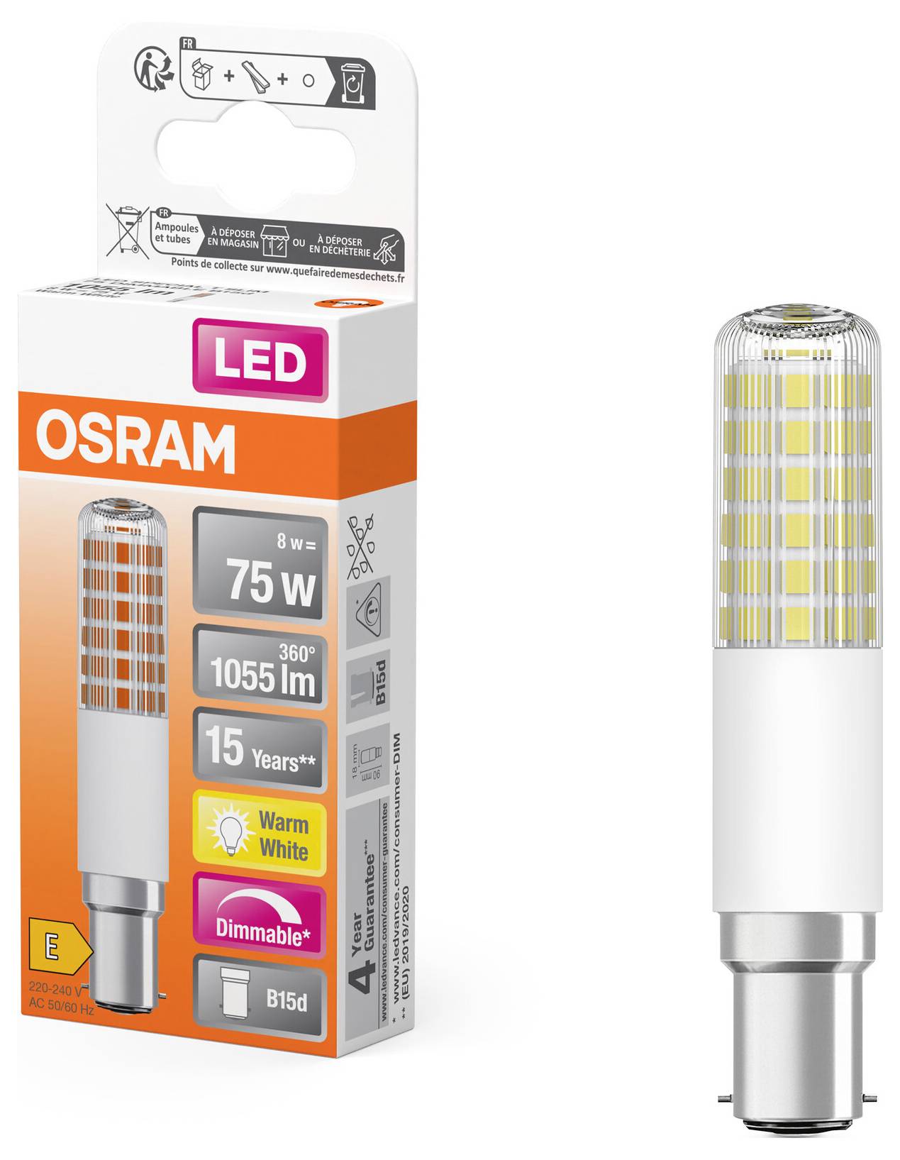 'Lampada LED Osram, 8W, equivalente a 75W, 1055 lumen, luce calda, dimmerabile, durata 15 anni, attacco B15d.'