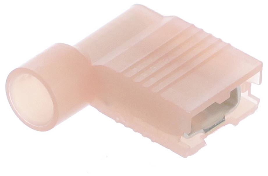 Un capocorda rosa con connessione ad angolo retto, idoneo per fissare cavi a connessioni elettriche.