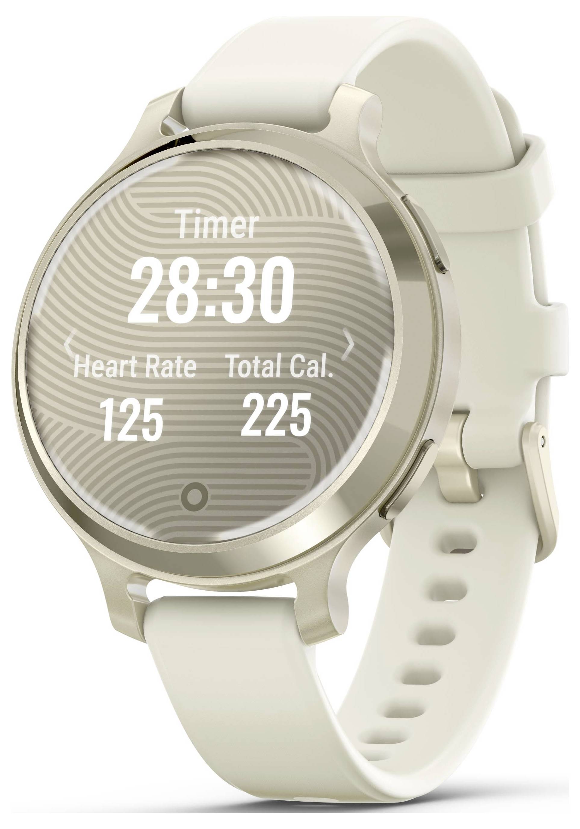 Un smartwatch bianco con un timer a 28:30, che mostra una frequenza cardiaca di 125 e 225 calorie bruciate.