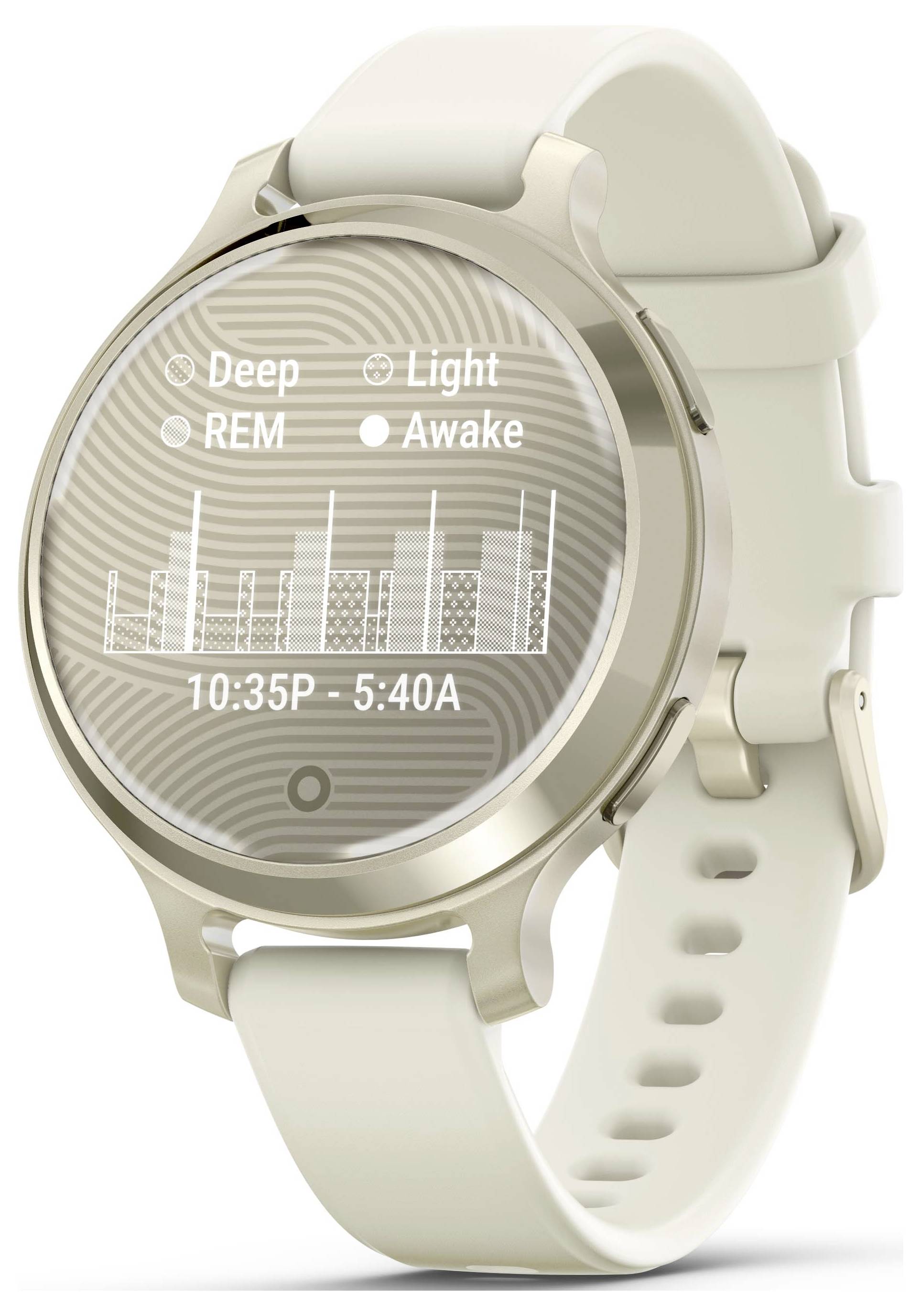 Smartwatch con analisi del sonno, mostra le fasi del sonno: sonno profondo, REM, sonno leggero, veglia. Orario dalle 22:35 alle 5:40. Cinturino beige.