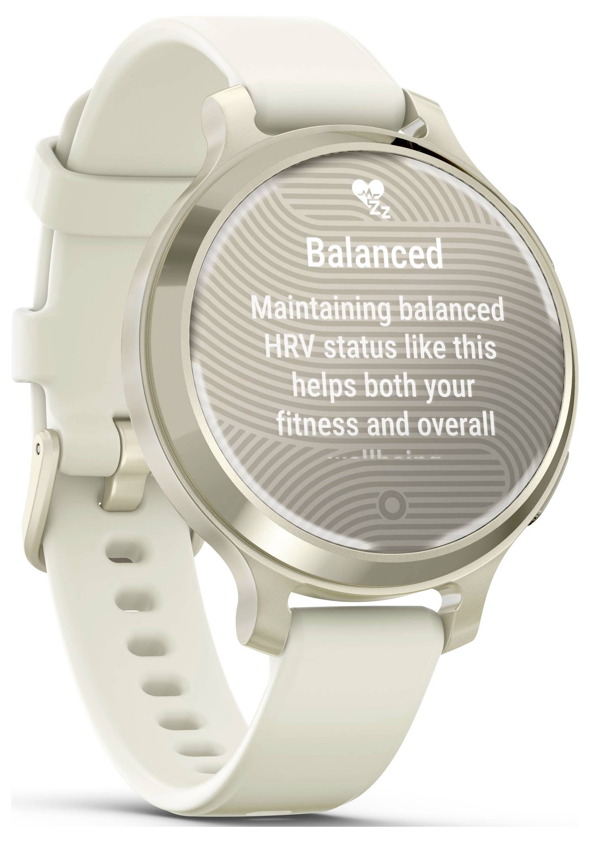 Un orologio intelligente con un display che mostra 'Balanced' e 'Mantenere questo stato di HRV equilibrato aiuta sia la tua forma fisica che il benessere generale'