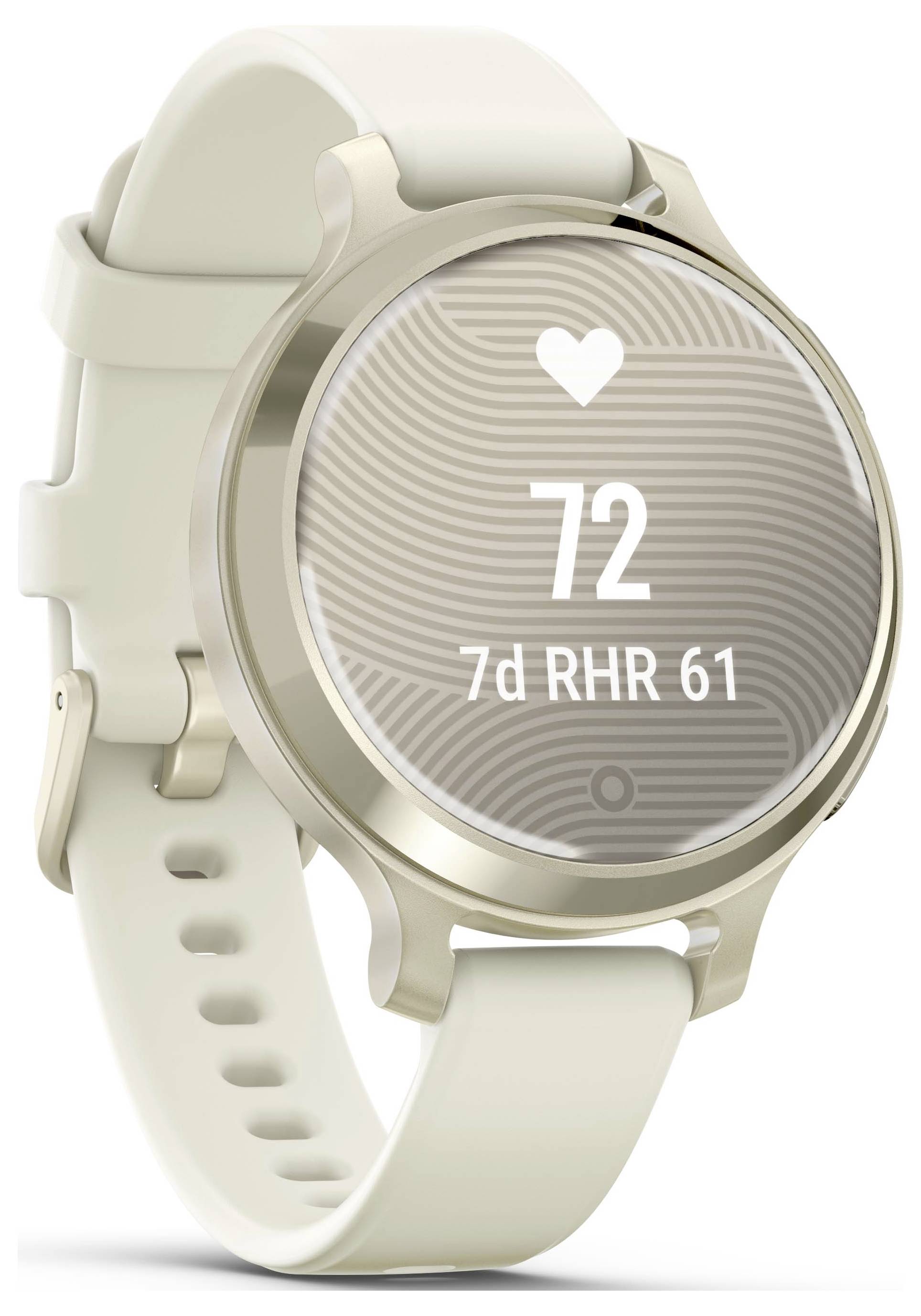 Un orologio intelligente con un cinturino color crema mostra un misuratore di frequenza cardiaca con il display '72' e '7d RHR 61'.
