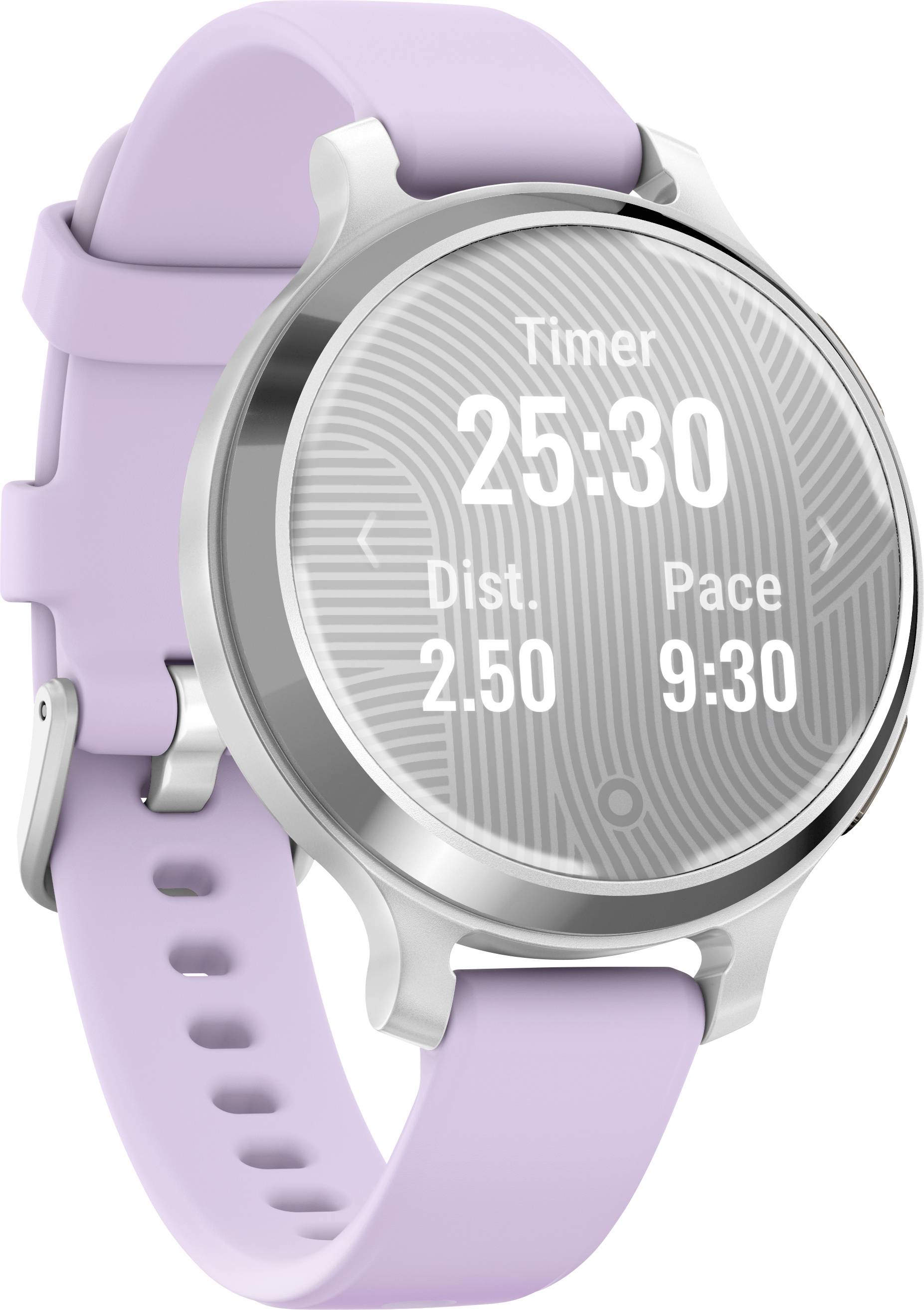 Un smartwatch viola mostra sullo schermo: 'Timer 25:30', 'Dist. 2,50', 'Pace 9:30'.
