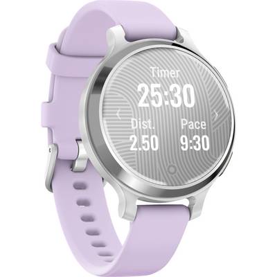 Un smartwatch viola mostra sullo schermo: 'Timer 25:30', 'Dist. 2,50', 'Pace 9:30'.