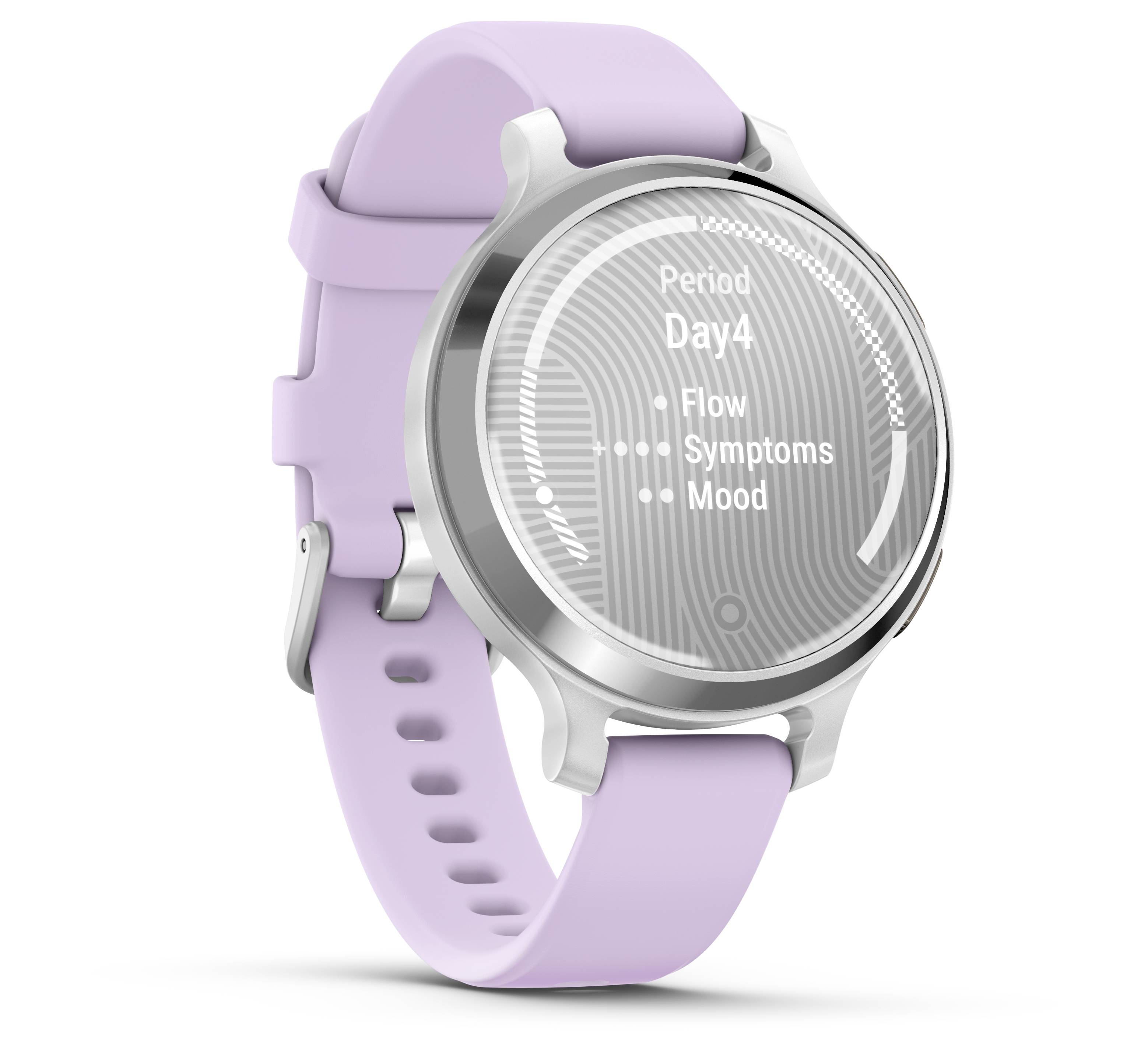 Smartwatch con cinturino lilla mostra lo stato mestruale: 'Giorno 4', 'Flusso', 'Sintomi', 'Umore'.