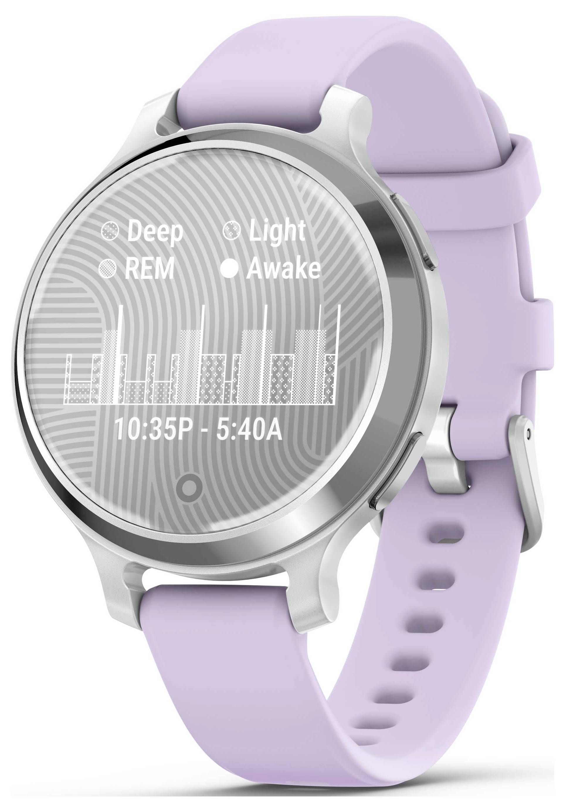 Smartwatch argentata con cinturino viola mostra l'analisi del sonno: sonno profondo, REM, sonno leggero e ore di veglia dalle 22:35 alle 5:40.