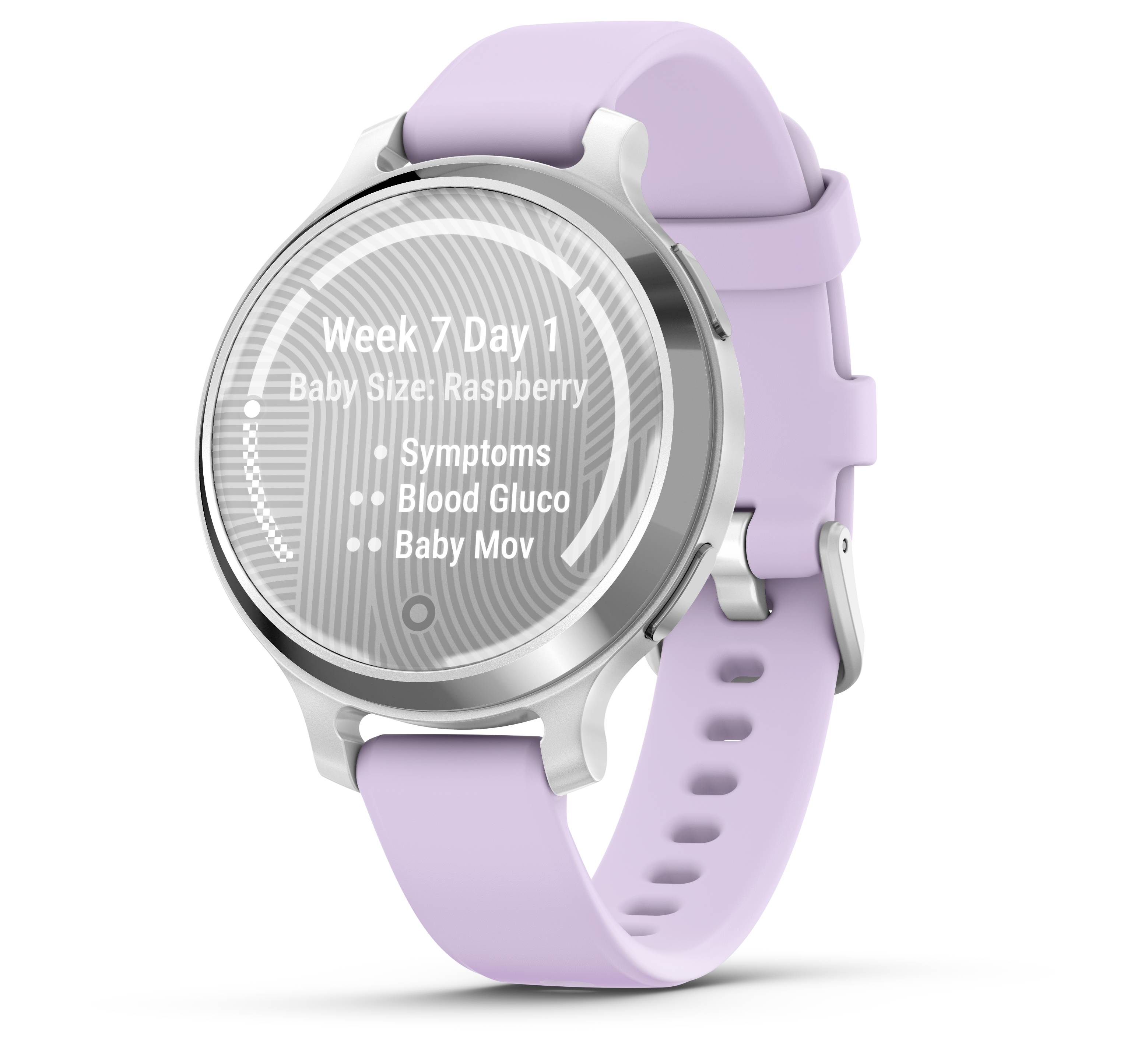 Uno smartwatch con un cinturino viola mostra sul display 'Settimana 7 Giorno 1', 'Dimensione del Bebè: Lampone' nonché 'Sintomi', 'Glicemia', 'Movimenti del Bebè'.