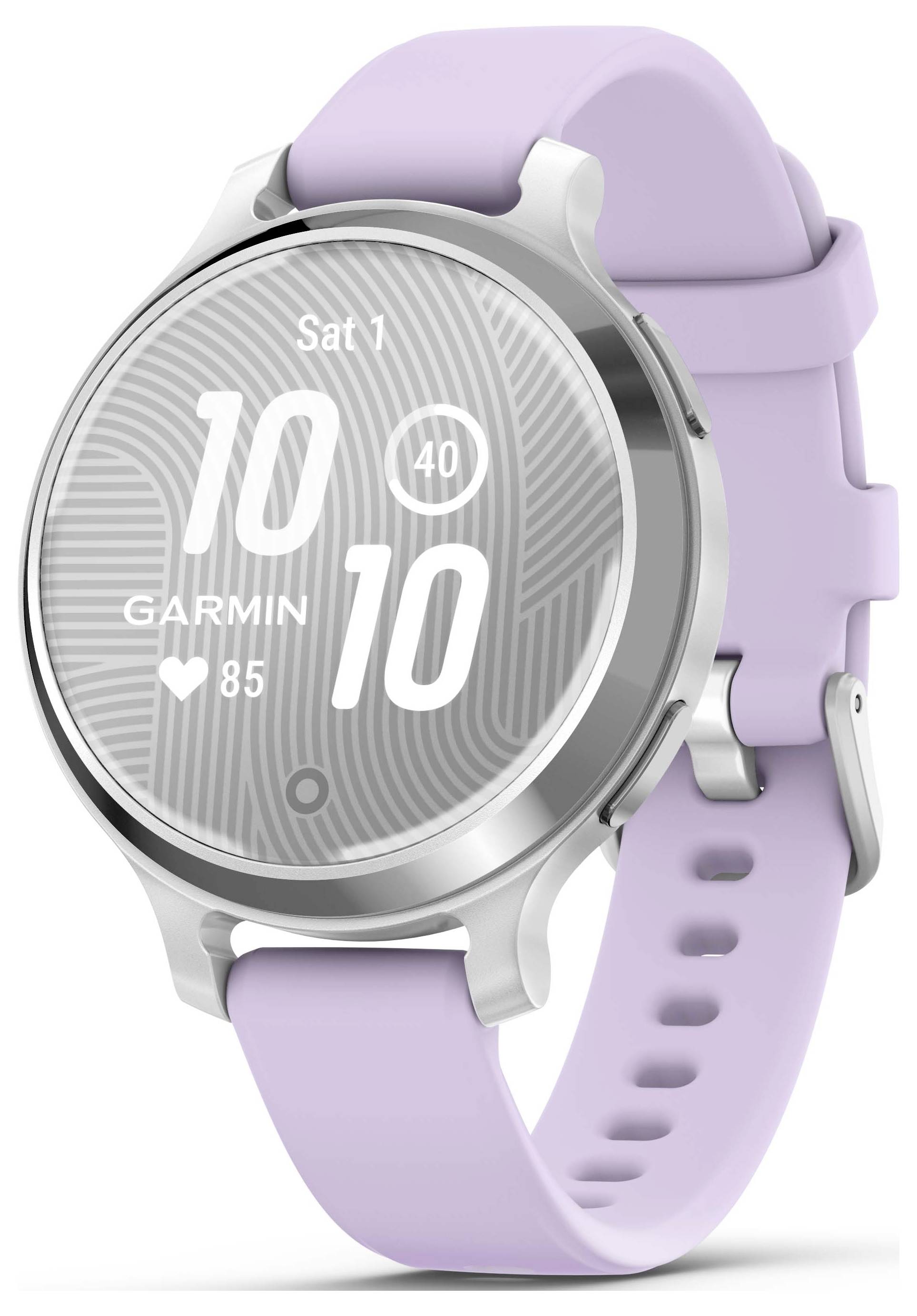Un smartwatch argento e viola con display rotondo mostra l'ora, la data e la frequenza cardiaca. Il nome del marchio 'Garmin' è visualizzato sul display.
