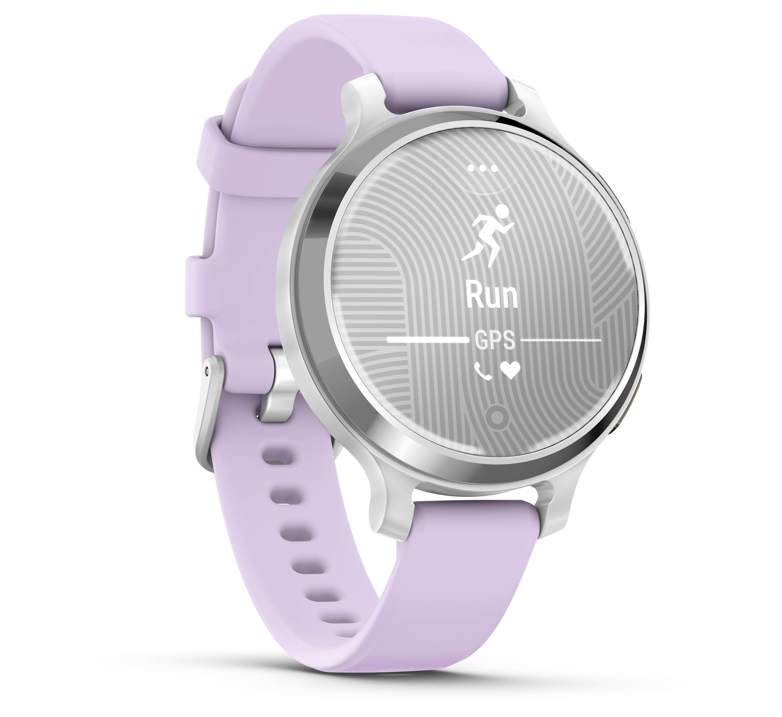 Smartwatch con cinturino viola mostra 'Run' e lo stato GPS sullo schermo.