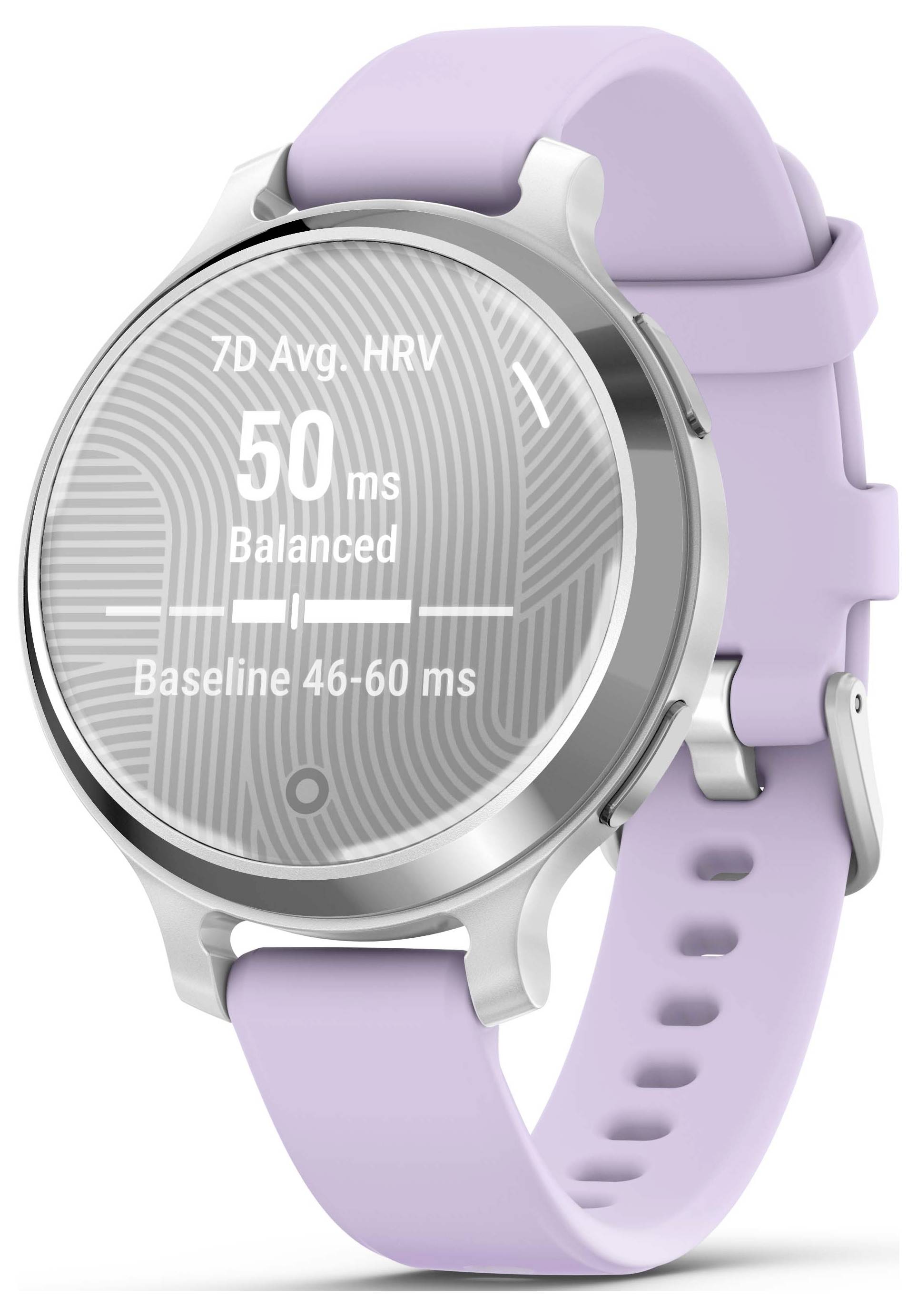 Un smartwatch con cinturino viola mostra '7D Avg. HRV 50 ms Balanced' sul display.