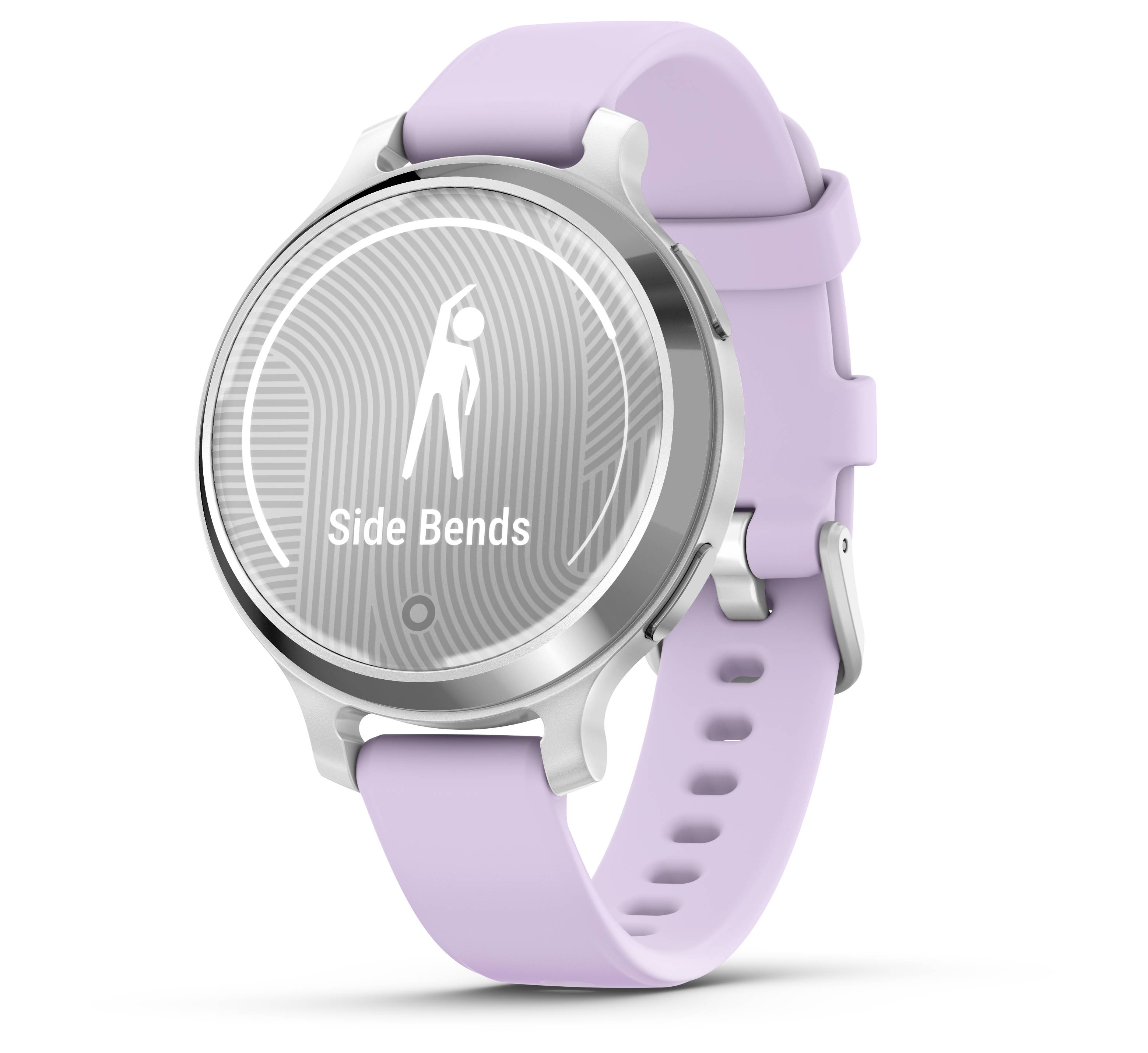 Smartwatch con cinturino viola mostra l'esercizio 'Side Bends' sul display.