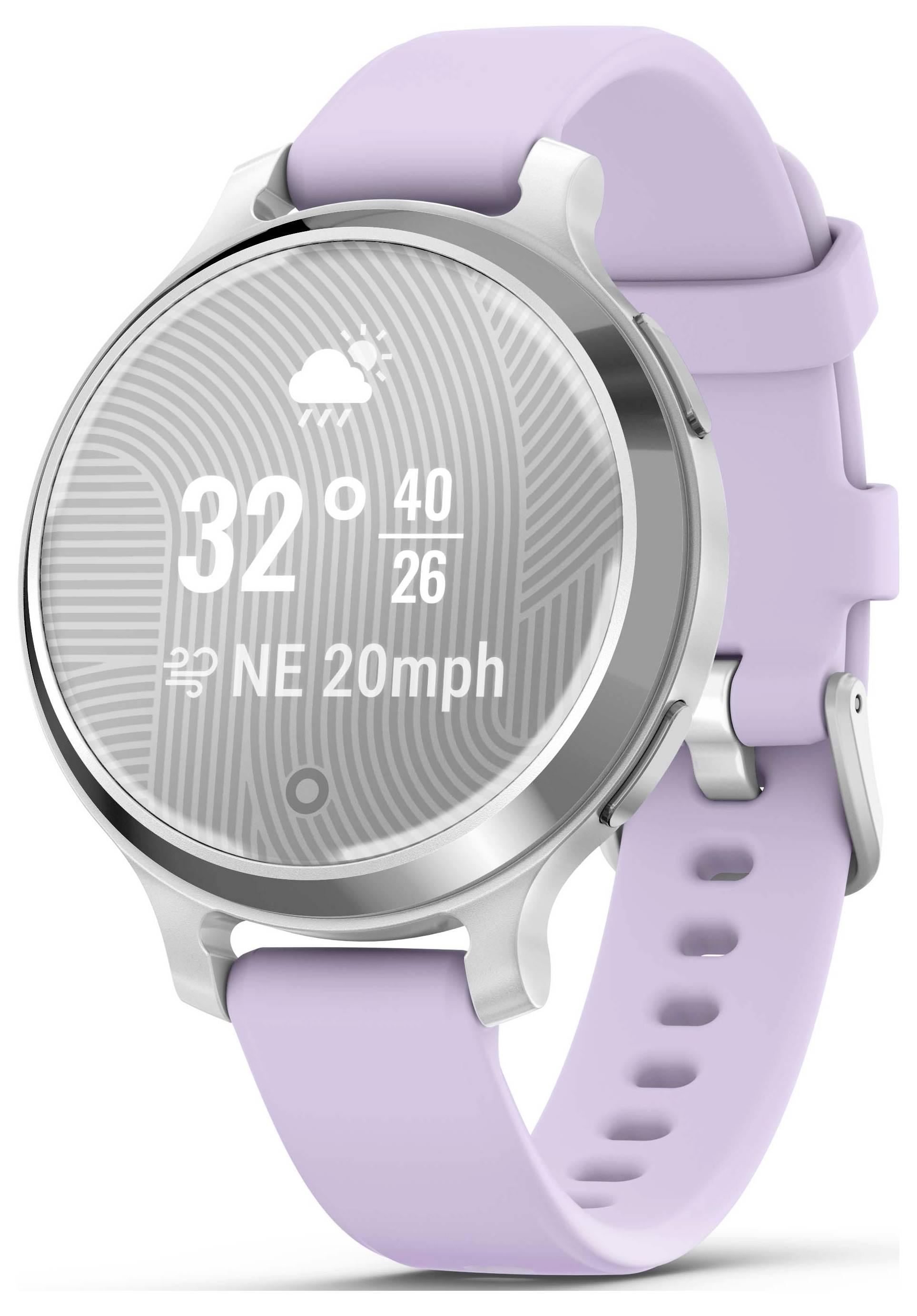 Smartwatch Lila con display meteo, mostra 32 gradi Celsius, nuvole di pioggia e velocità del vento da nord-est di 20 mph.