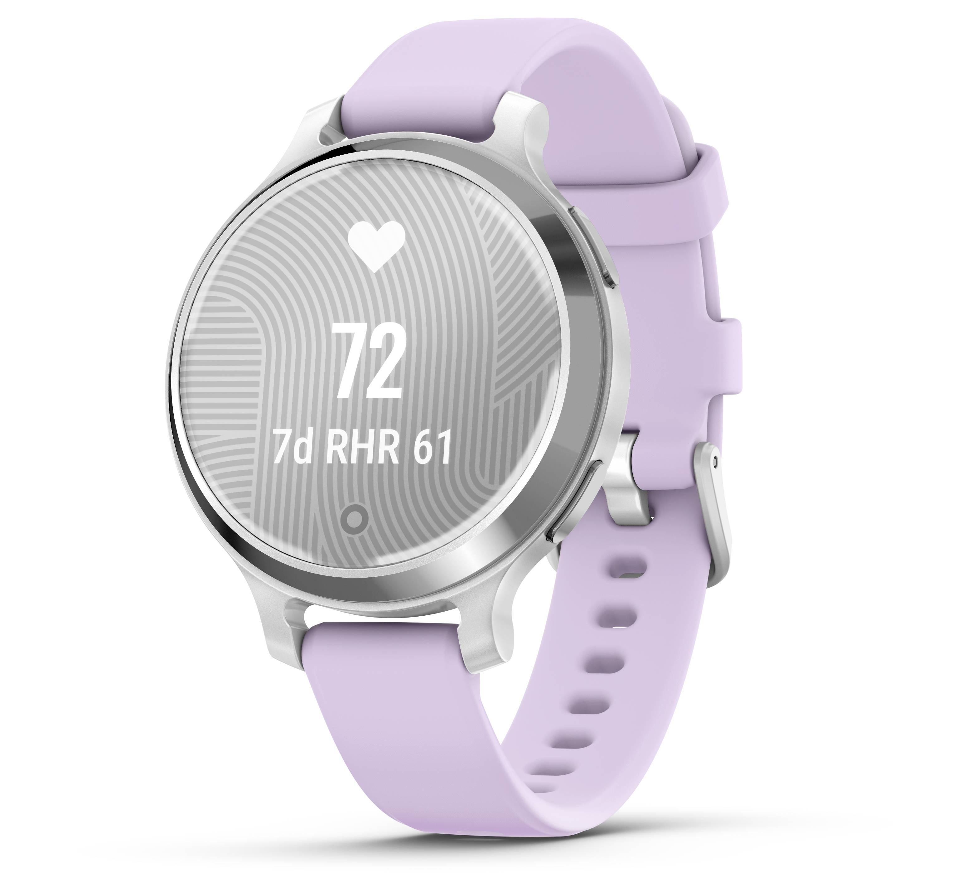 Smartwatch Lila con display rotondo mostra il simbolo del cuore, frequenza cardiaca 72 e FC a riposo di 7 giorni 61. Cassa argentata, cinturino lilla.