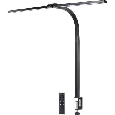 Lampada da scrivania LED nera con collo flessibile e paralume rettangolare. Include un telecomando per le impostazioni.