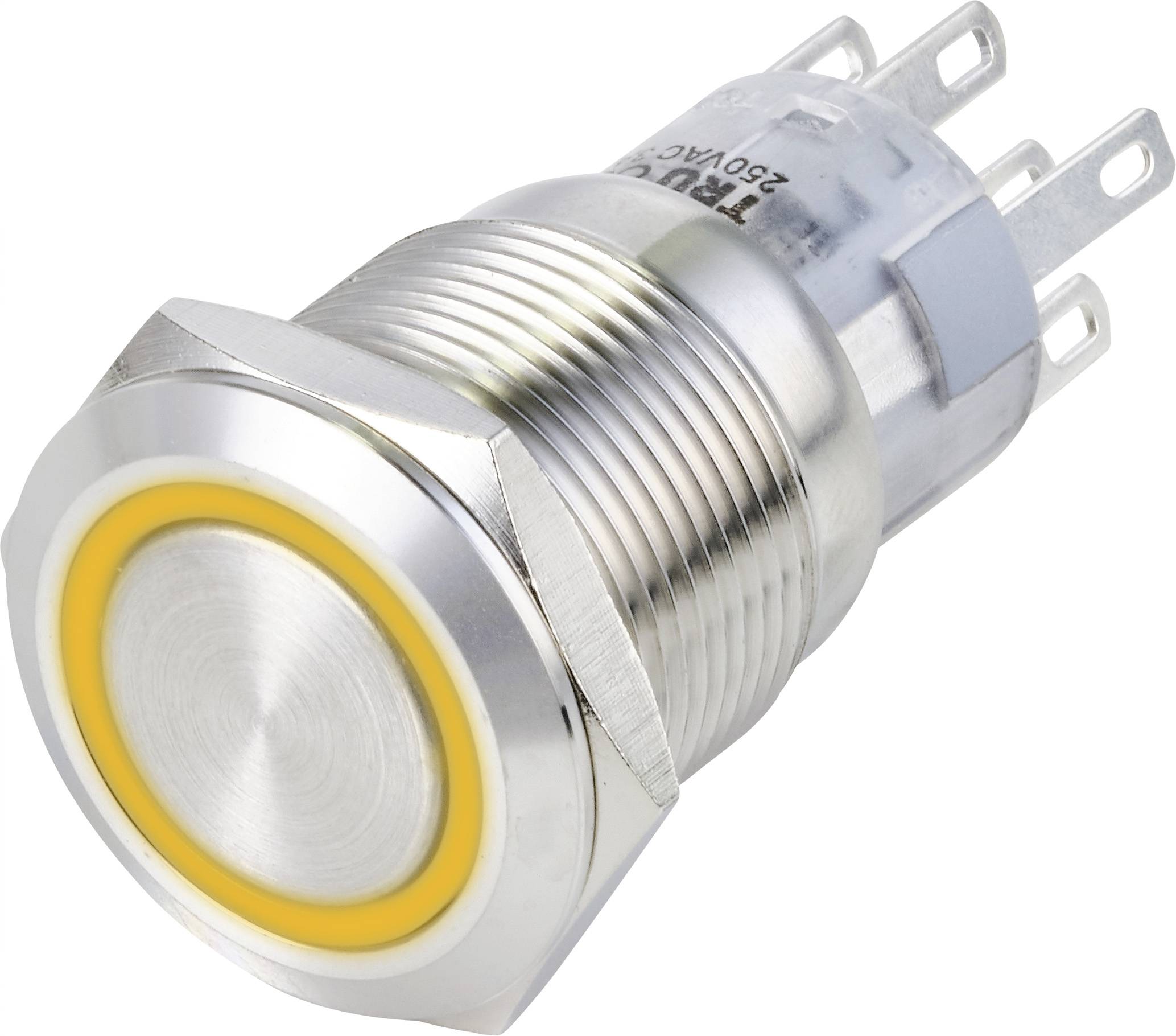 Un grande pulsante rotondo in metallo con anello LED giallo, idoneo per dispositivi elettronici con una tensione massima di 250 V in corrente alternata.
