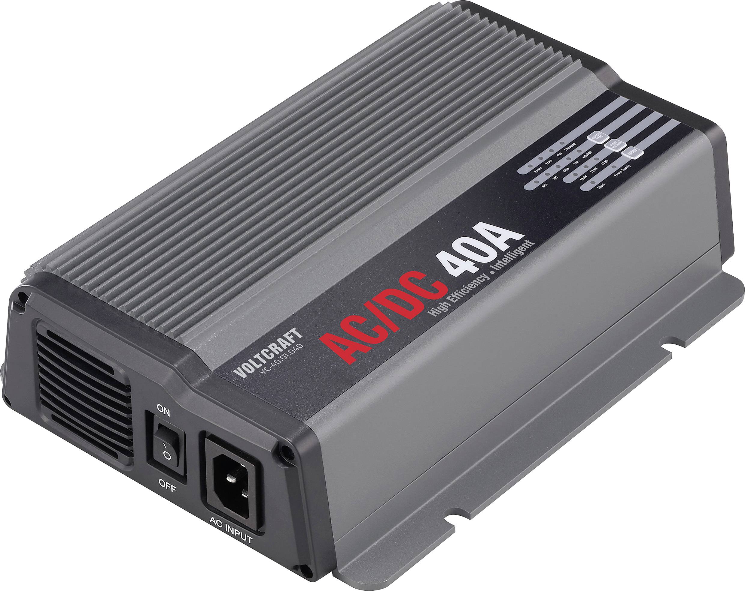 Un alimentatore AC/DC Voltcraft nero e grigio, modello 40A. Mostra un interruttore on/off e connettori di ingresso AC.