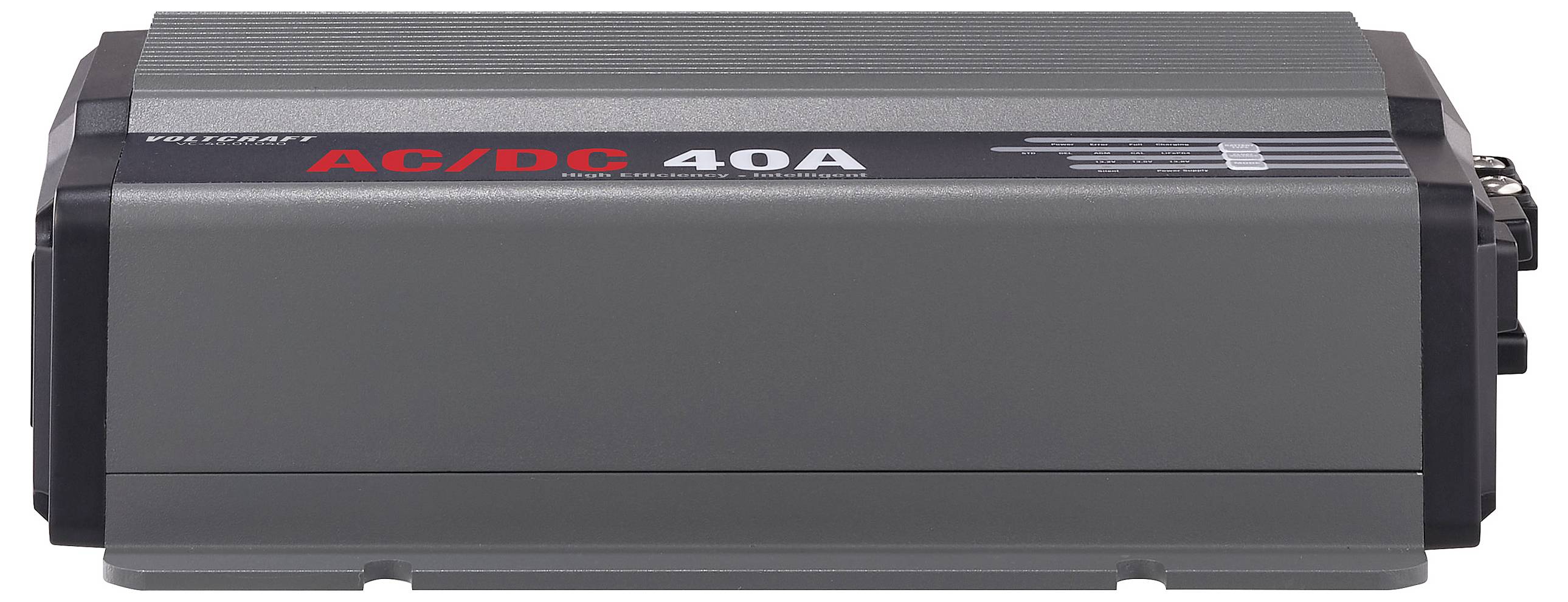 Un caricabatterie grigio con la scritta 'AC/DC 40A', adatto per carichi di corrente elevati.