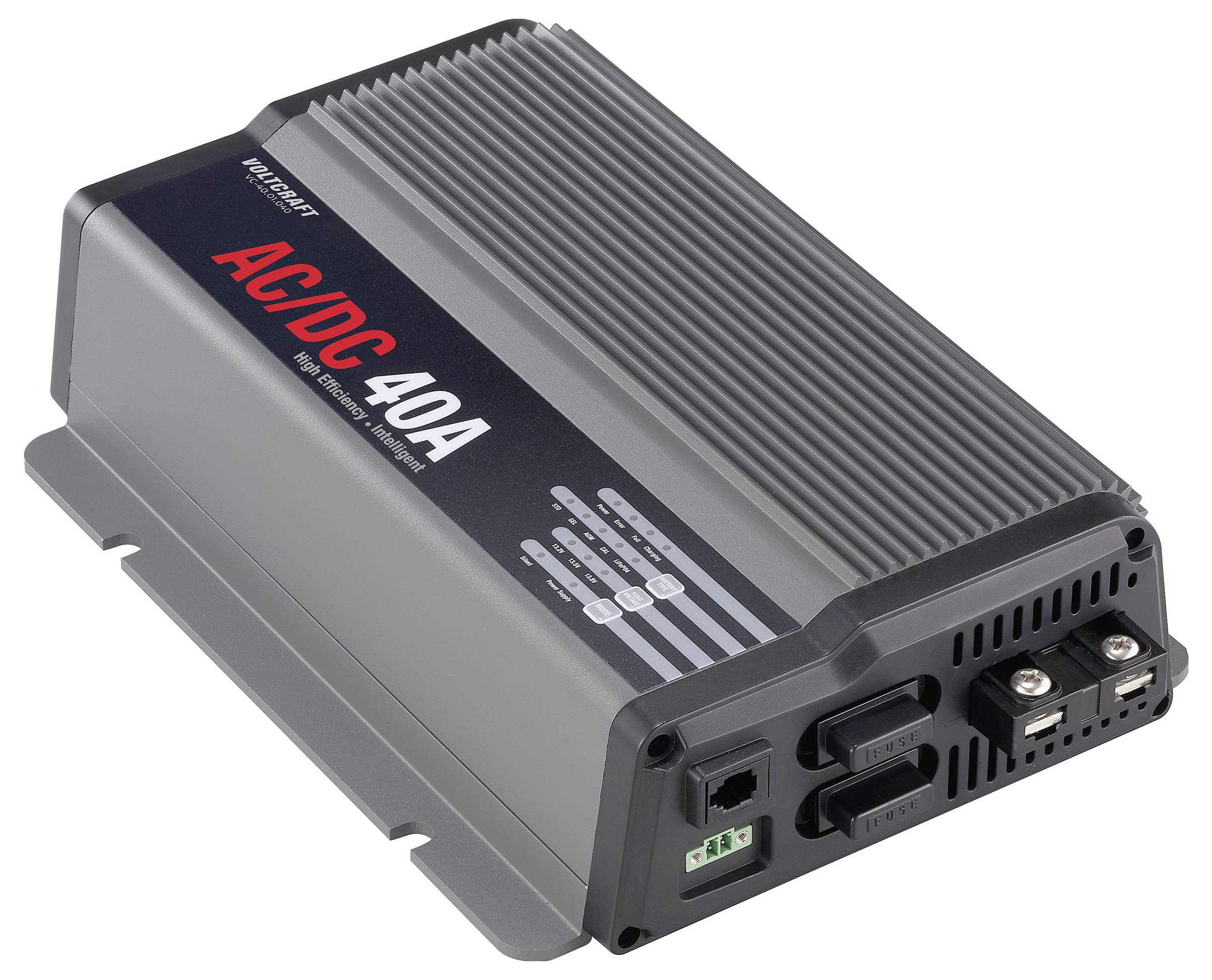 Un alimentatore grigio AC/DC da 40A di Victron Energy, che mostra i dettagli di connessione sul lato anteriore. Adatto per applicazioni industriali.