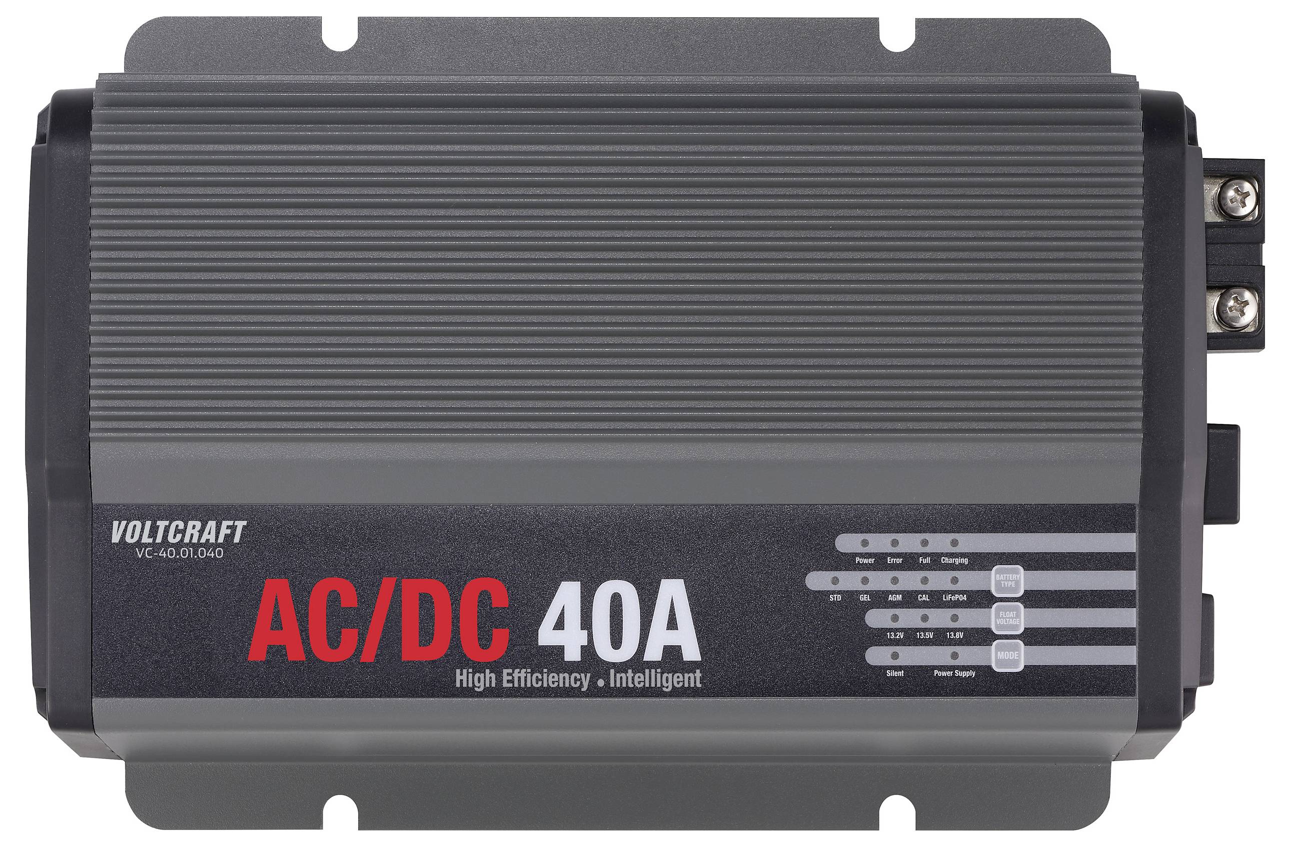 Caricabatterie 'Voltcraft AC/DC 40A', raffigurato frontalmente. Mostra le connessioni e gli indicatori luminosi per visualizzare lo stato di carica.