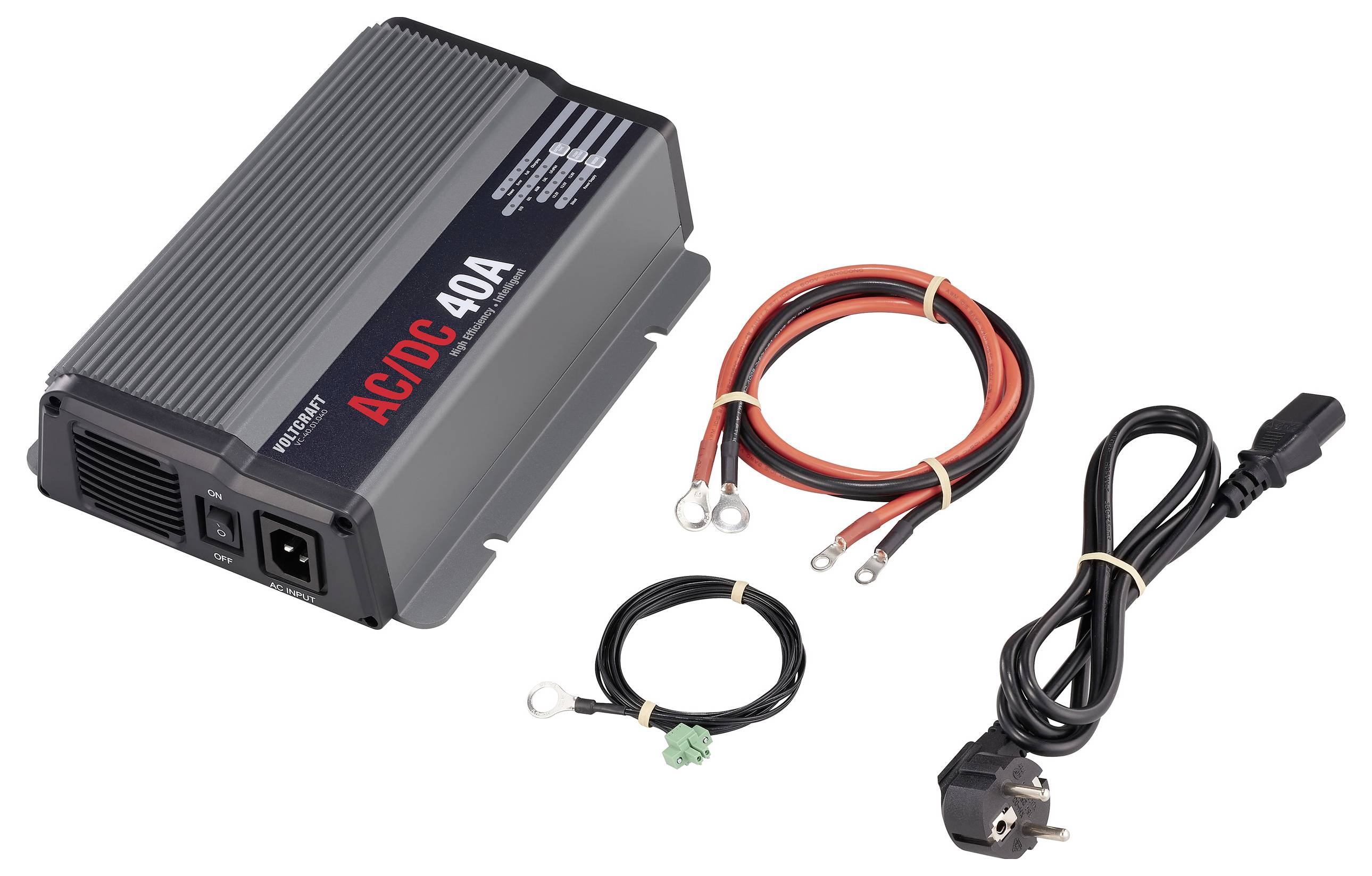 Alimentatore AC/DC 40A con cavi e connettori. Dispositivo principale rettangolare, nero-grigio, con scritta. Cavi per connessioni elettriche.