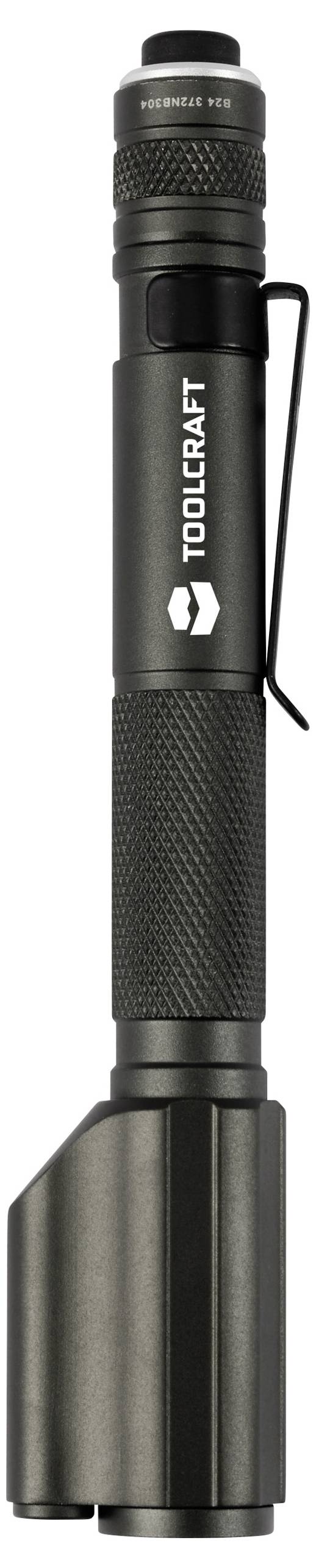 Una torcia tattica nera con clip e impugnatura zigrinata, marca 'TOOLCRAFT'.