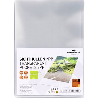 Confezione di una busta trasparente DURABLE con la scritta 'Buste trasparenti in rPP'. Busta riciclabile ed ecologica. Fatto in Germania.